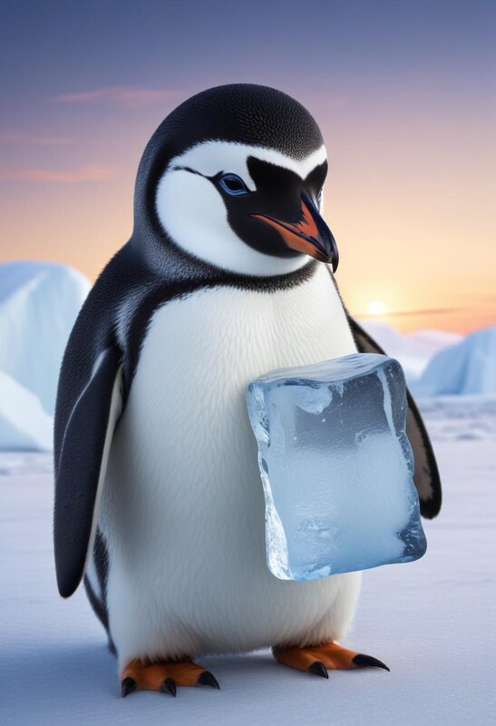 Penguin holding ice in snowy landscape at sunset Penguin holding ice in snowy landscape at sunset