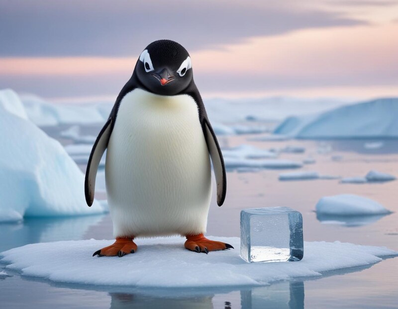 Penguin standing on ice in a frozen landscape at sunset Penguin standing on ice in a frozen landscape at sunset