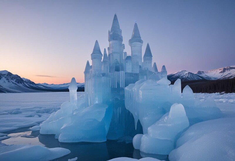 Frozen castle stands majestically on a cold lake at dawn Frozen castle stands majestically on a cold lake at dawn
