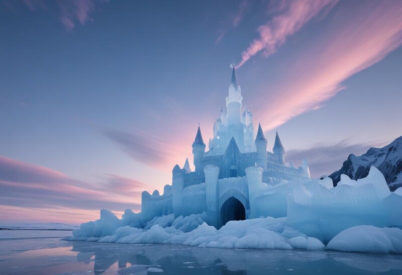 Ice castle shines under colorful sunset sky Ice castle shines under colorful sunset sky