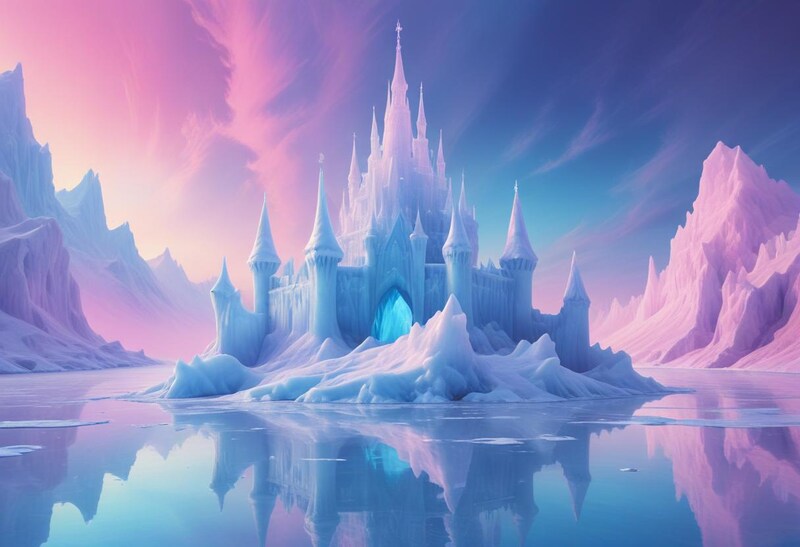 Ice castle stands majestically in the frozen landscape Ice castle stands majestically in the frozen landscape