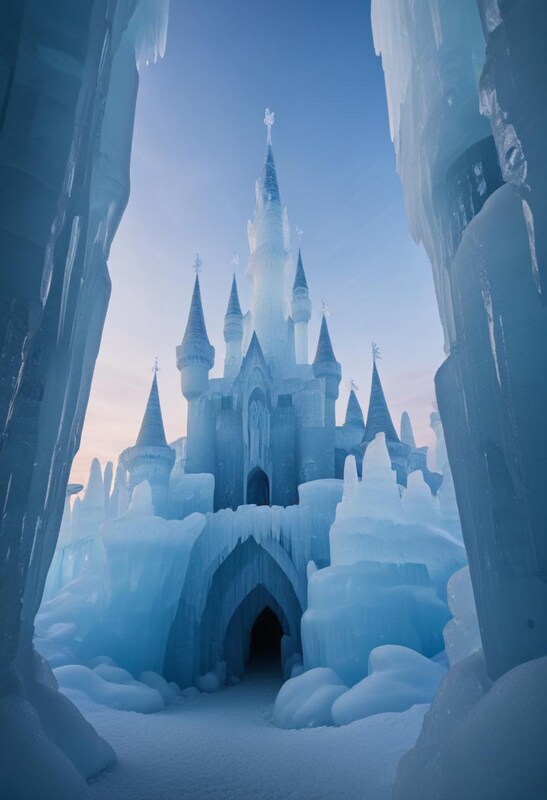 Stunning ice castle with tall spires at dusk Stunning ice castle with tall spires at dusk