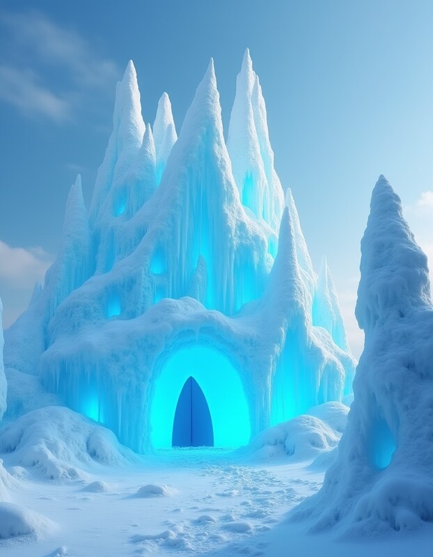 Frozen castle glows in the snowy landscape during daytime Frozen castle glows in the snowy landscape during daytime