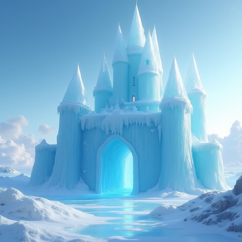 Frozen castle surrounded by a snowy landscape at dusk Frozen castle surrounded by a snowy landscape at dusk