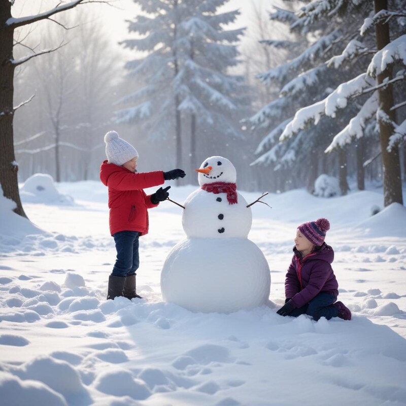 Kids joyfully building a snowman in winter Kids joyfully building a snowman in winter