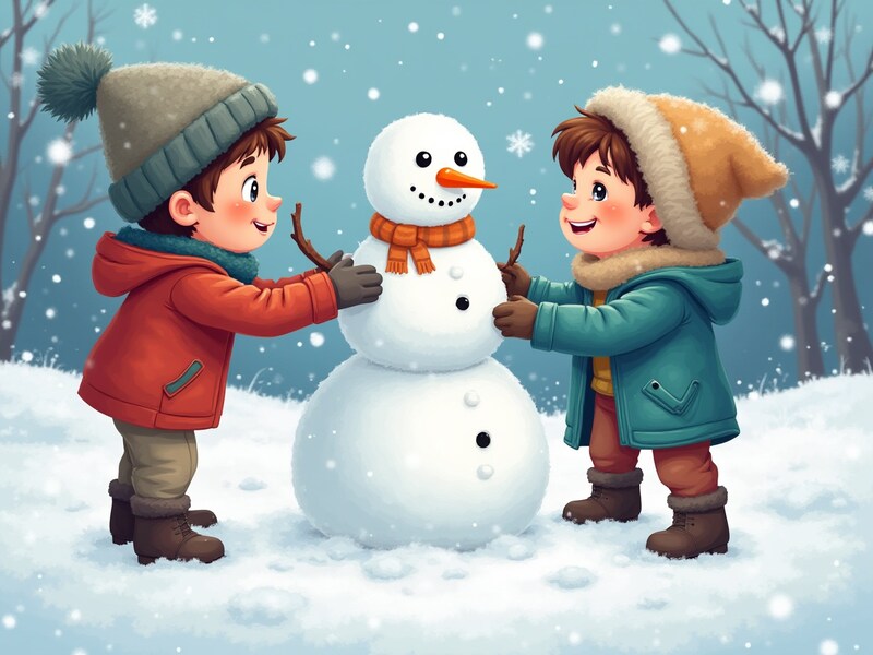 Two kids build a snowman in winter wonderland Two kids build a snowman in winter wonderland