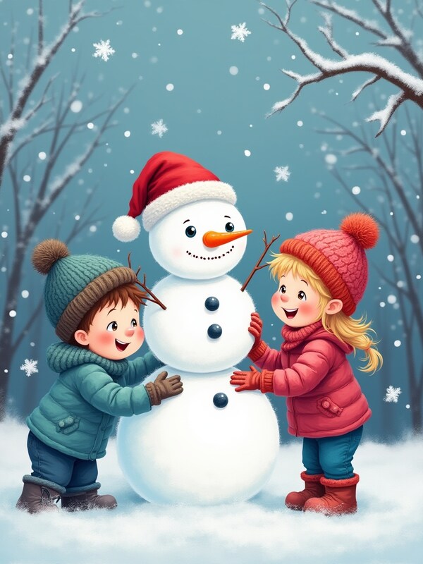 Kids building a snowman in winter wonderland Kids building a snowman in winter wonderland