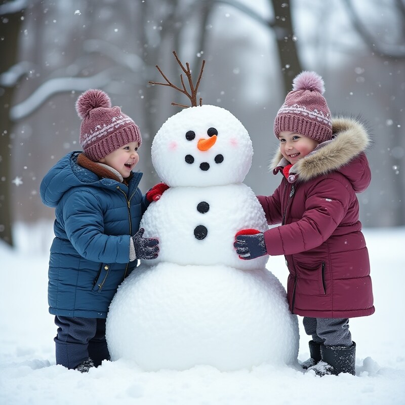 Kids enjoying winter by building a snowman in the park Kids enjoying winter by building a snowman in the park