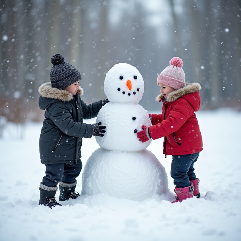 Children joyfully building a snowman in winter wonderland Children joyfully building a snowman in winter wonderland