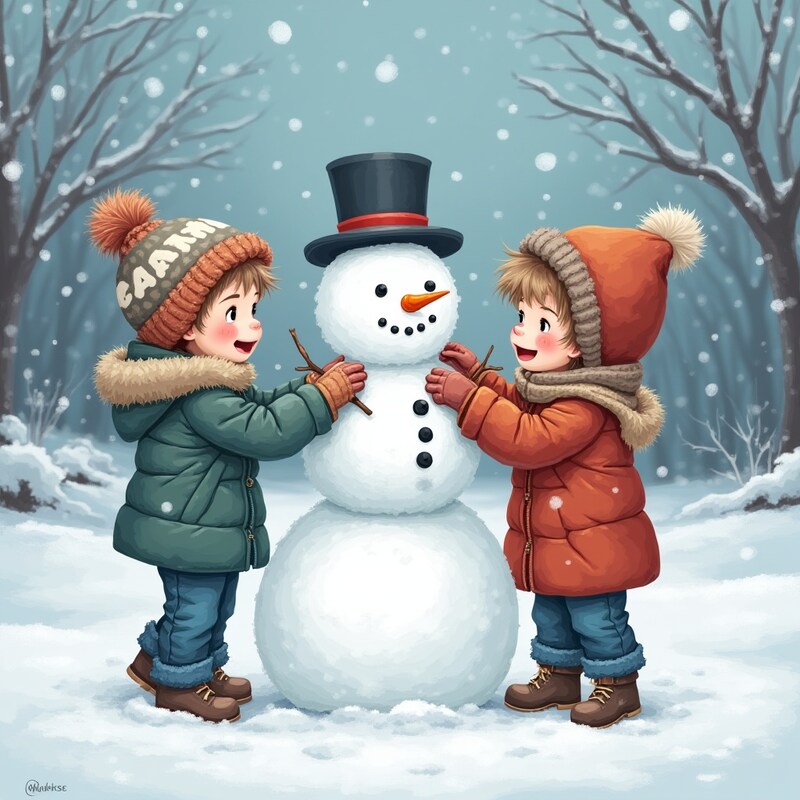 Kids build a snowman during winter fun in the park Kids build a snowman during winter fun in the park