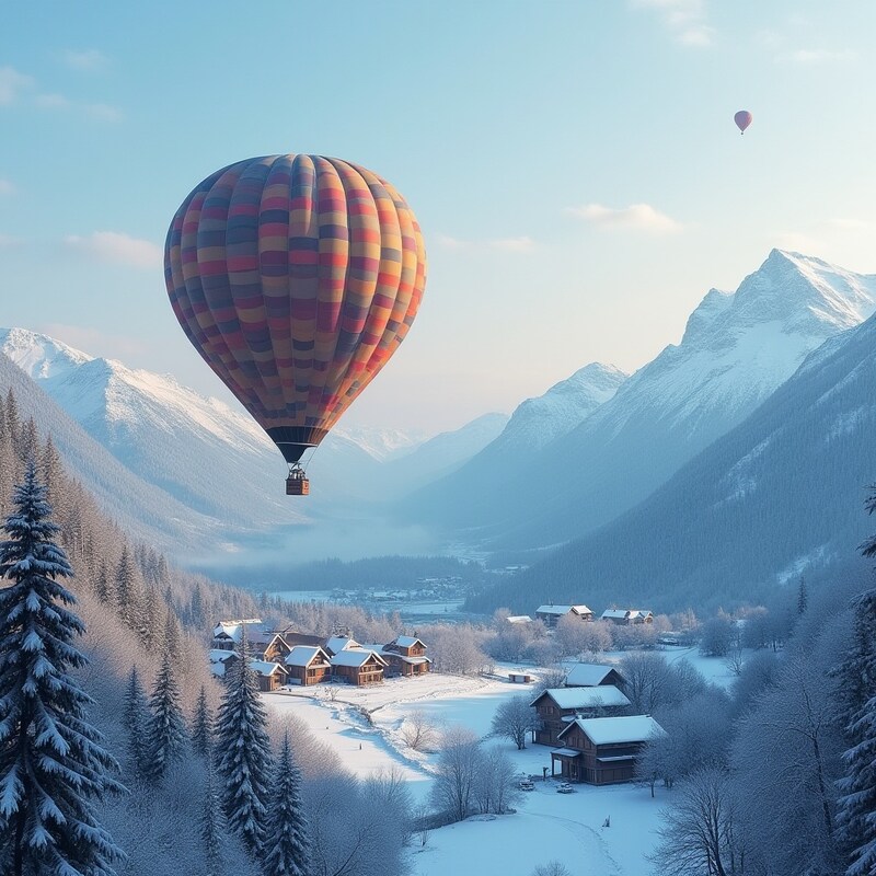 Hot air balloons soaring over snow-covered mountains Hot air balloons soaring over snow-covered mountains