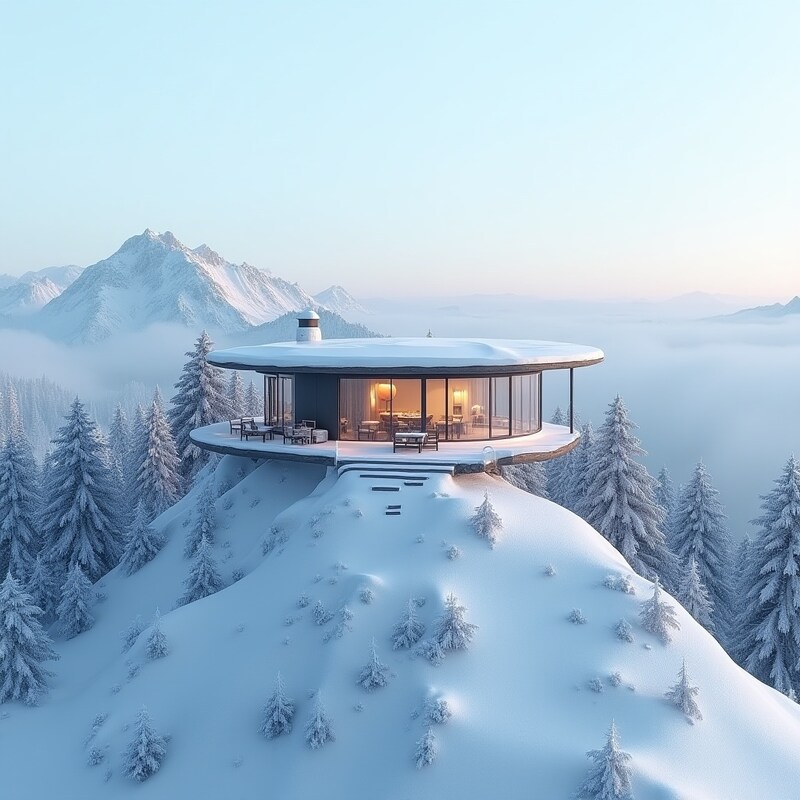 Modern cabin in snowy mountains at dawn Modern cabin in snowy mountains at dawn