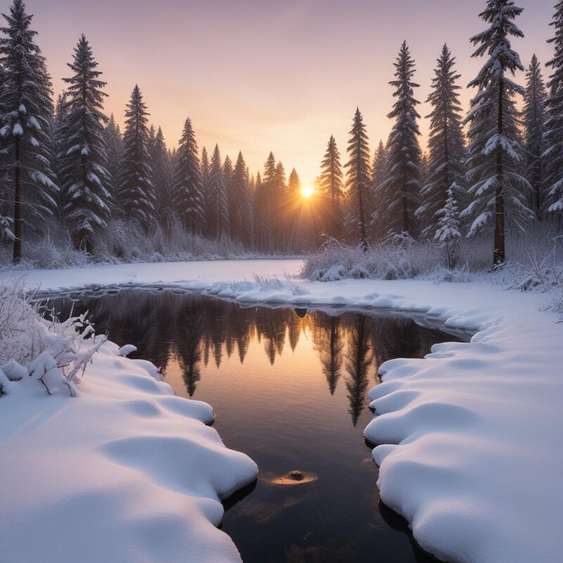 Winter sunset over a peaceful snowy river landscape Winter sunset over a peaceful snowy river landscape