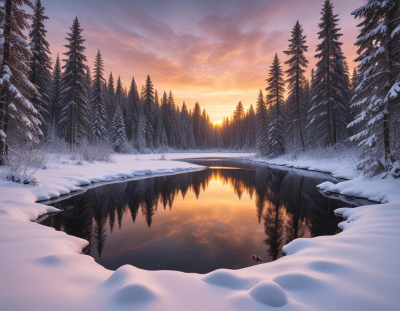 Winter sunset over a tranquil river surrounded by snow Winter sunset over a tranquil river surrounded by snow