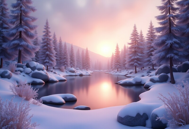 Winter sunset over a serene snowy landscape Winter sunset over a serene snowy landscape
