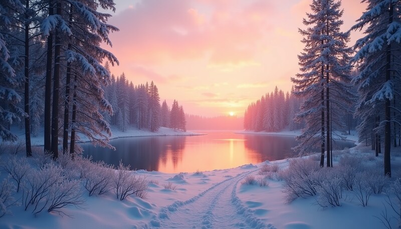 Winter sunset over a tranquil lake in a snowy forest Winter sunset over a tranquil lake in a snowy forest