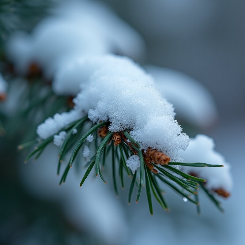 Snow-covered pine branch in winter morning light Snow-covered pine branch in winter morning light