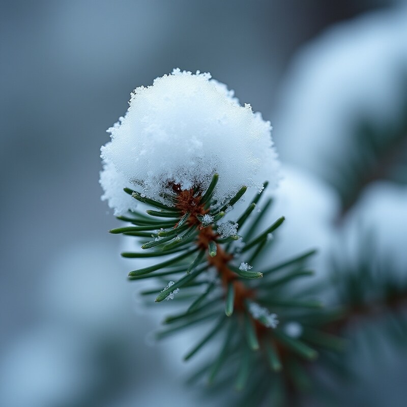 Snow covers pine branch in serene winter landscape Snow covers pine branch in serene winter landscape