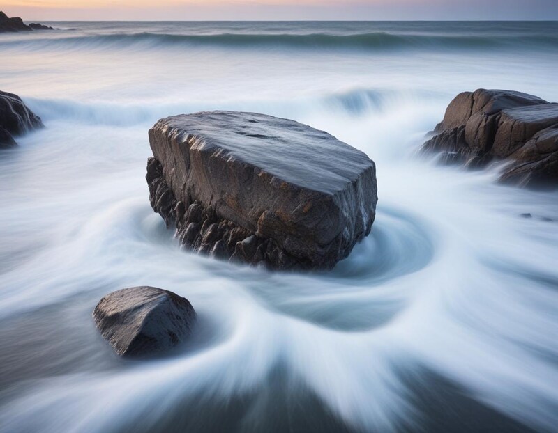 Waves gently swirl around a large rock at sunset Waves gently swirl around a large rock at sunset