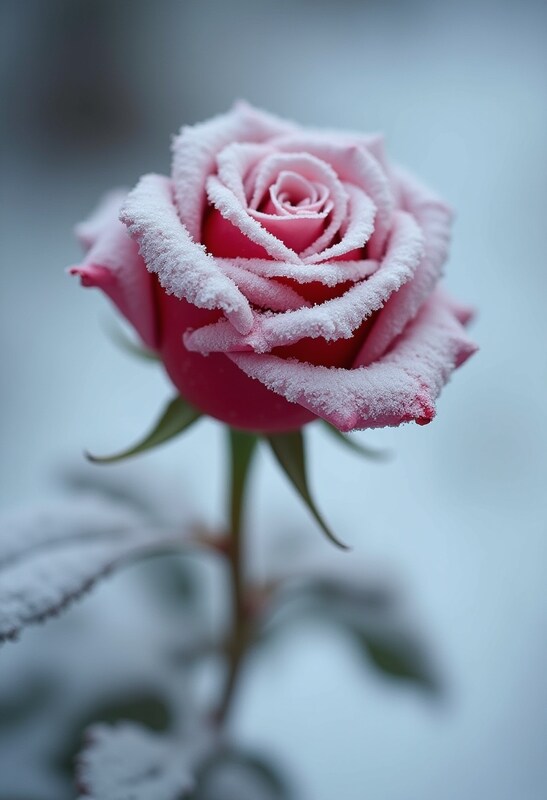 Beautiful pink rose covered with snow in winter Beautiful pink rose covered with snow in winter