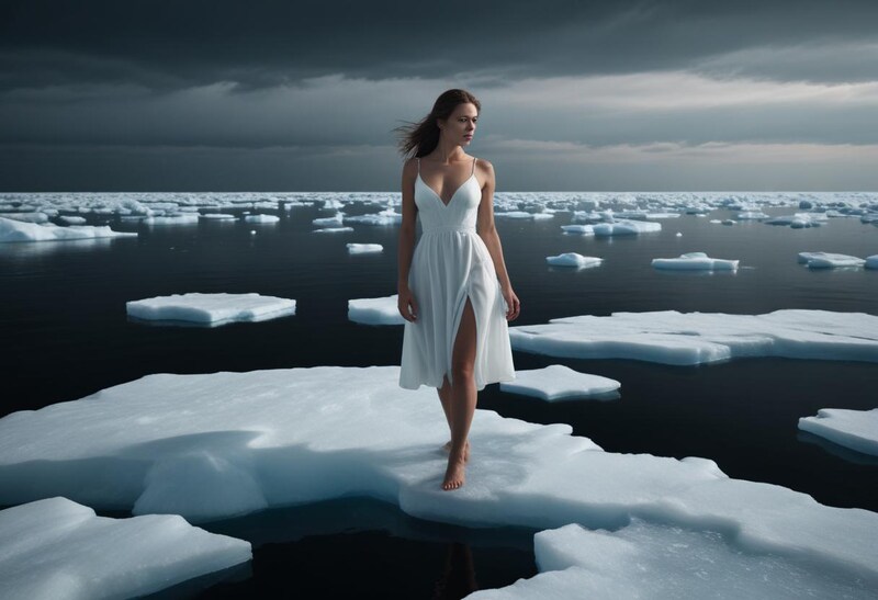 Woman walking on ice in a serene arctic landscape Woman walking on ice in a serene arctic landscape