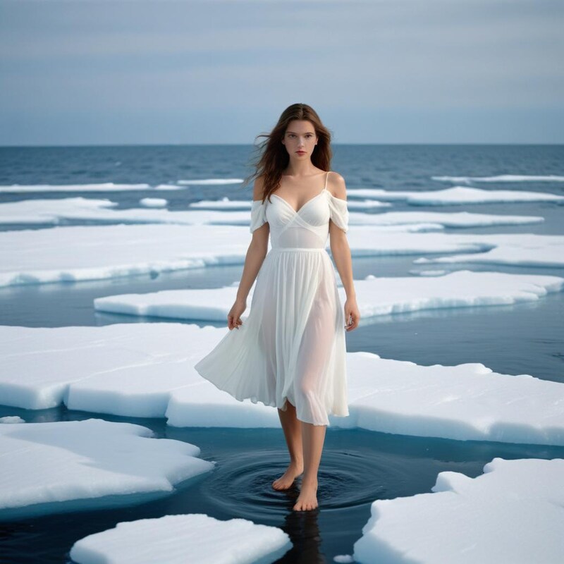 Woman walking on melting ice in a serene ocean setting Woman walking on melting ice in a serene ocean setting
