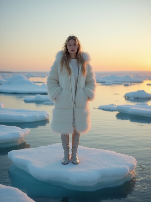 Model stands on ice floe during sunset in winter landscape Model stands on ice floe during sunset in winter landscape