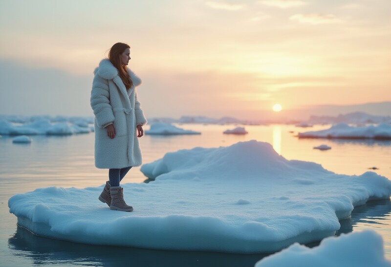 Woman standing on ice with sunset view over water Woman standing on ice with sunset view over water
