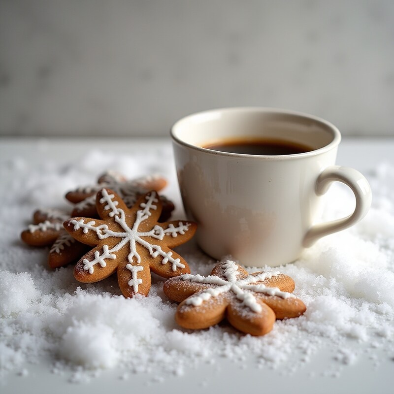 Warm coffee and decorated snowflake cookies in winter Warm coffee and decorated snowflake cookies in winter