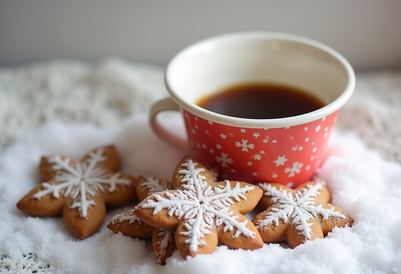 Warm coffee and snowflake cookies on a cozy winter afternoon Warm coffee and snowflake cookies on a cozy winter afternoon