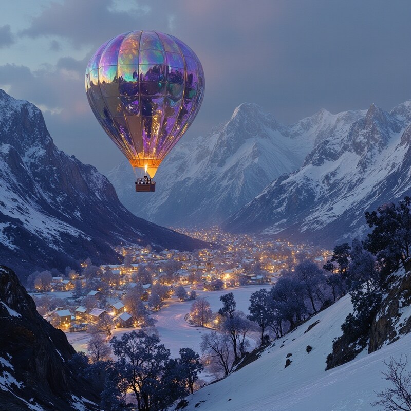 Hot air balloon floats over a snowy valley at dusk Hot air balloon floats over a snowy valley at dusk