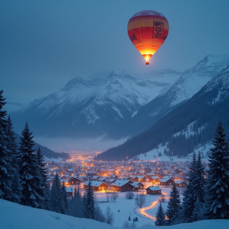 Hot air balloon over snowy village during evening light Hot air balloon over snowy village during evening light