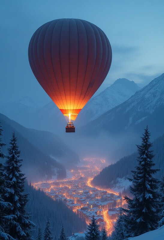 Hot air balloon floats over snowy valley at dusk Hot air balloon floats over snowy valley at dusk
