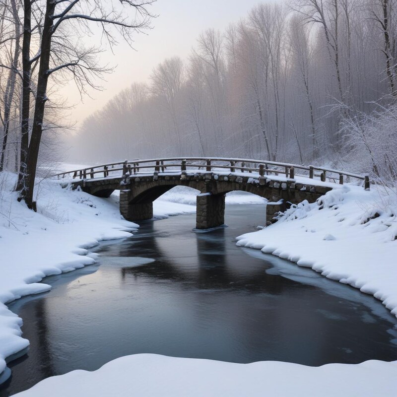 Winter landscape with a bridge over a tranquil river Winter landscape with a bridge over a tranquil river