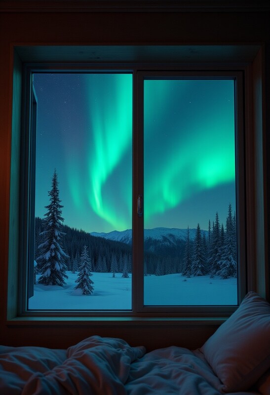 Beautiful northern lights from a cozy cabin window Beautiful northern lights from a cozy cabin window