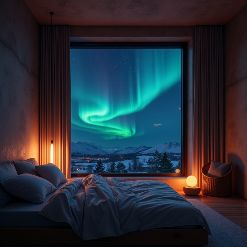 Northern lights dance above a cozy bedroom at night Northern lights dance above a cozy bedroom at night
