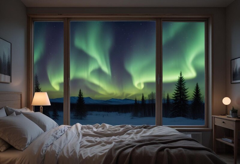 Stunning northern lights view from cozy bedroom window Stunning northern lights view from cozy bedroom window