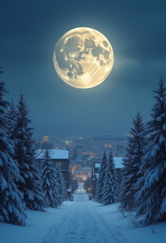 Full moon rising over a snowy city at night Full moon rising over a snowy city at night