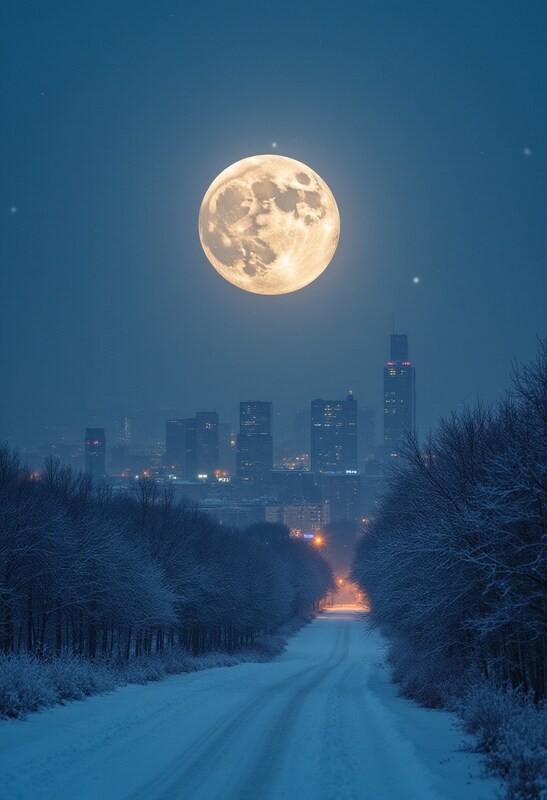 Bright moon illuminates winter cityscape at night Bright moon illuminates winter cityscape at night