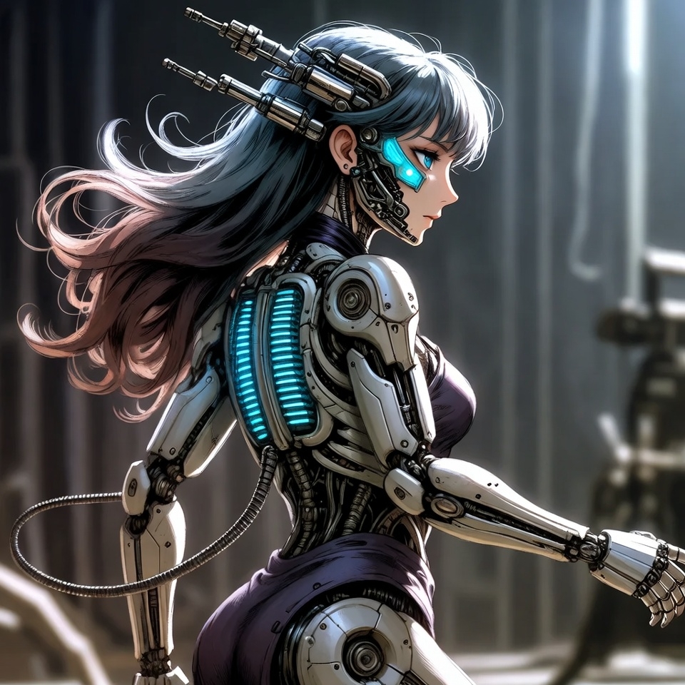 Futuristic robot woman walking in a cybernetic cityscape Futuristic robot woman walking in a cybernetic cityscape