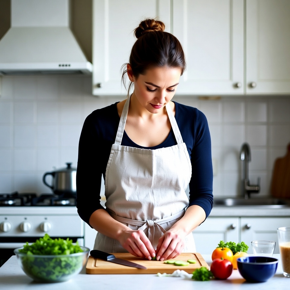 Young woman prepares fresh vegetables in a modern kitchen Young woman prepares fresh vegetables in a modern kitchen