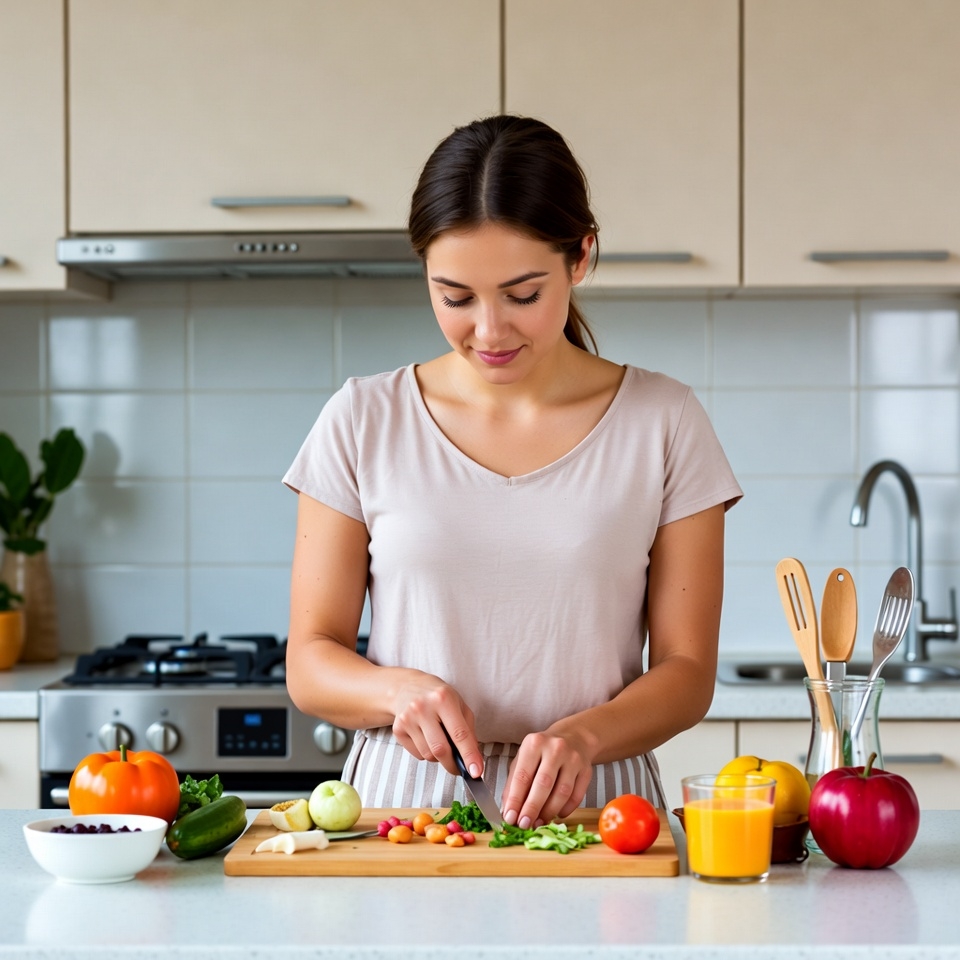 Woman preparing fresh vegetables in a bright kitchen Woman preparing fresh vegetables in a bright kitchen