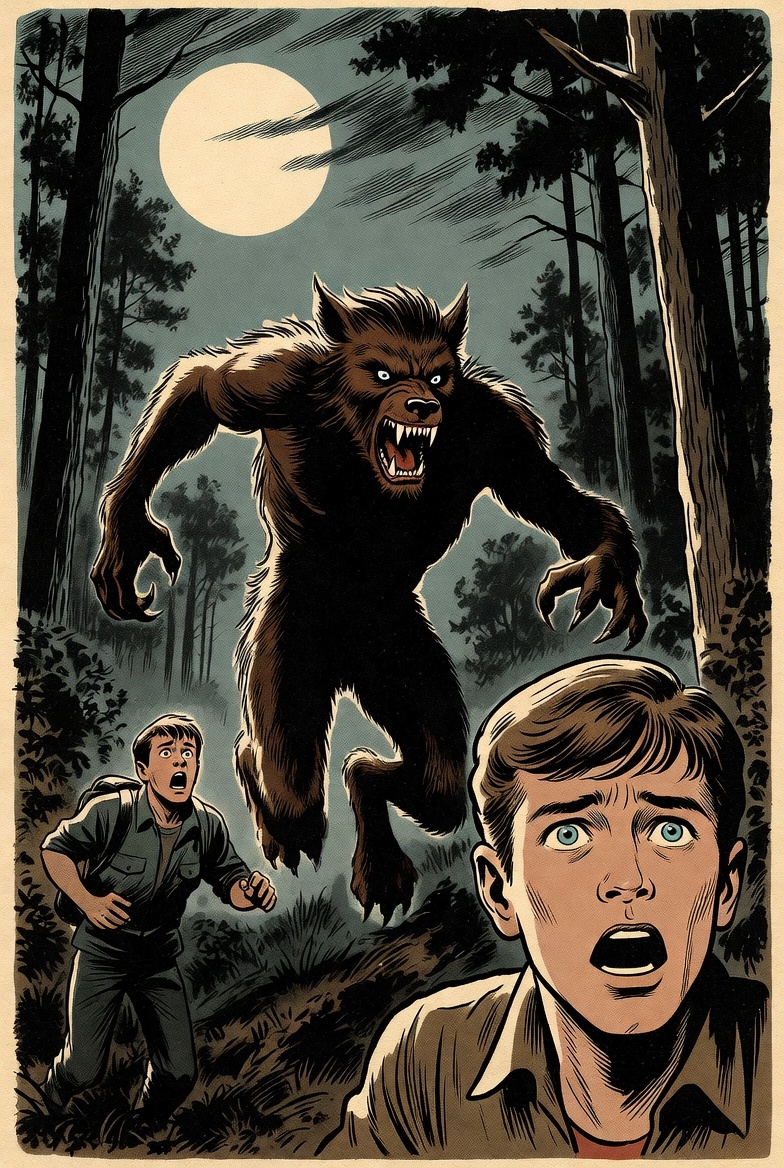 Night encounter with werewolf in dark forest scene Night encounter with werewolf in dark forest scene