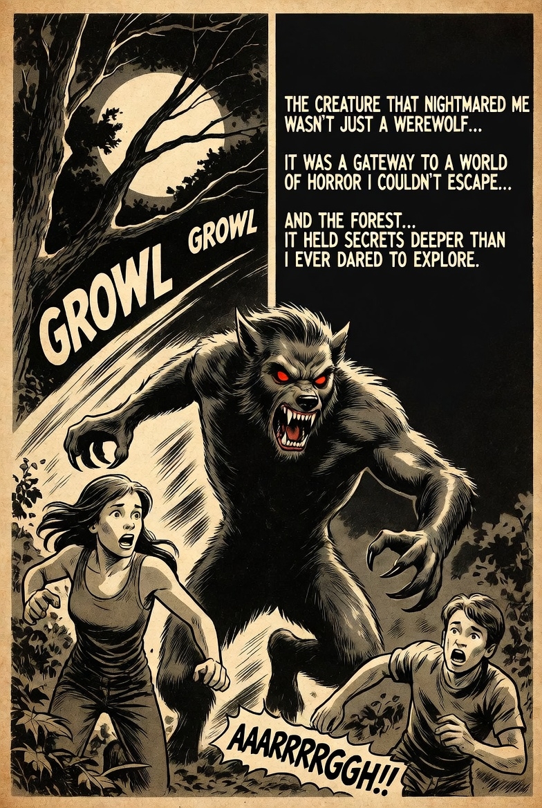 Scary creature chase in a dark forest at night Scary creature chase in a dark forest at night