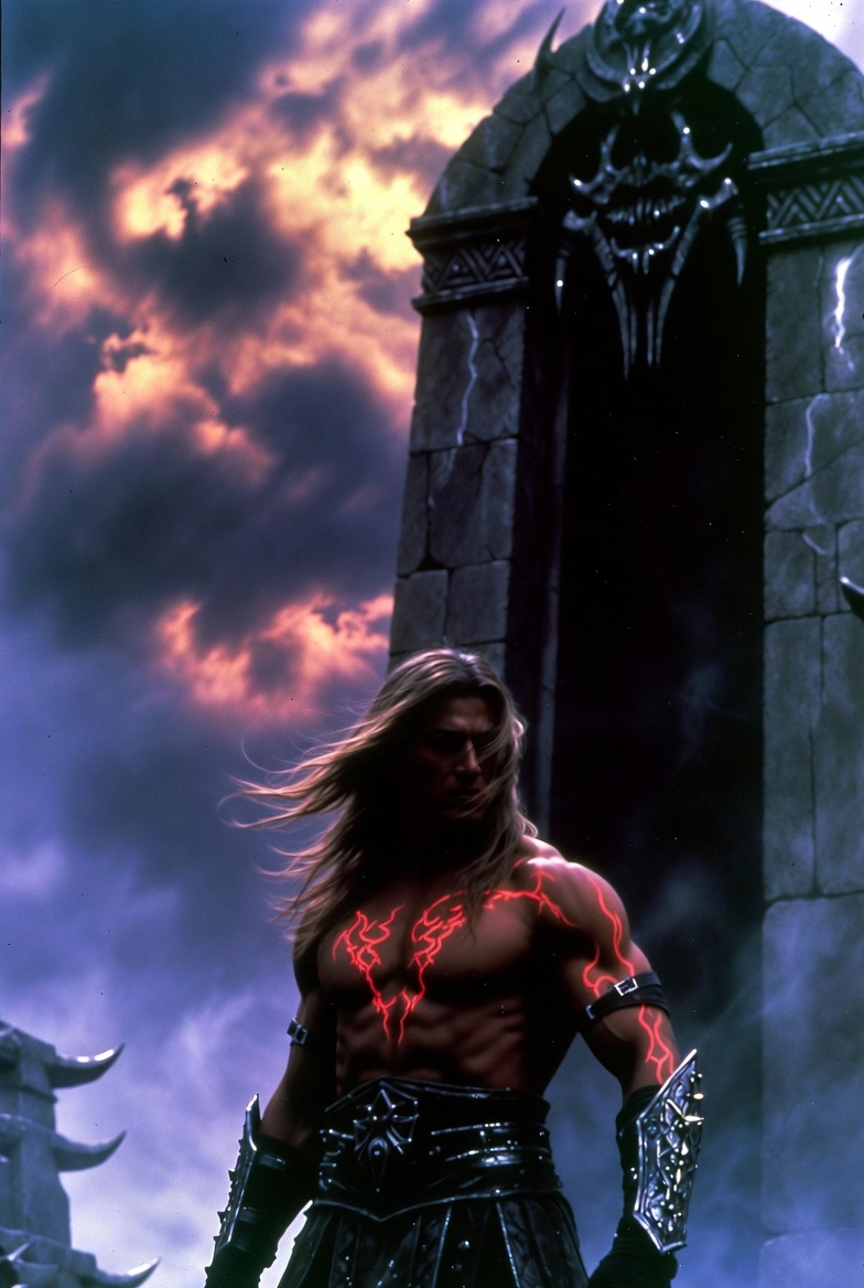 Warrior stands proudly in dark castle ruins at sunset Warrior stands proudly in dark castle ruins at sunset