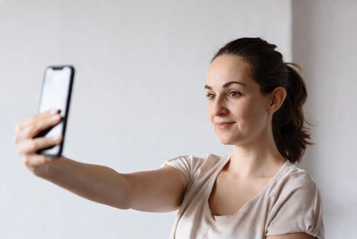 Woman taking a selfie in a bright indoor space Woman taking a selfie in a bright indoor space