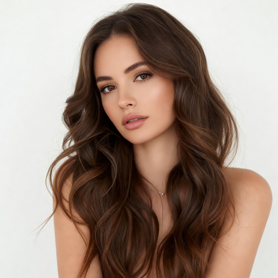 Woman with long hair posing on white backdrop Woman with long hair posing on white backdrop