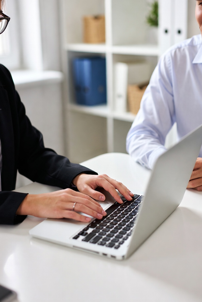 Discussion between professionals at a modern workspace Discussion between professionals at a modern workspace