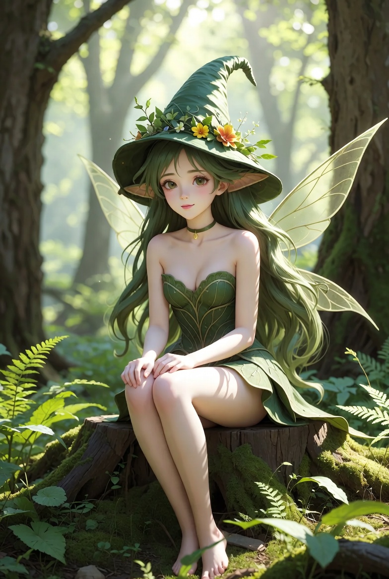 Fairy sitting on a mossy stump in a green forest Fairy sitting on a mossy stump in a green forest