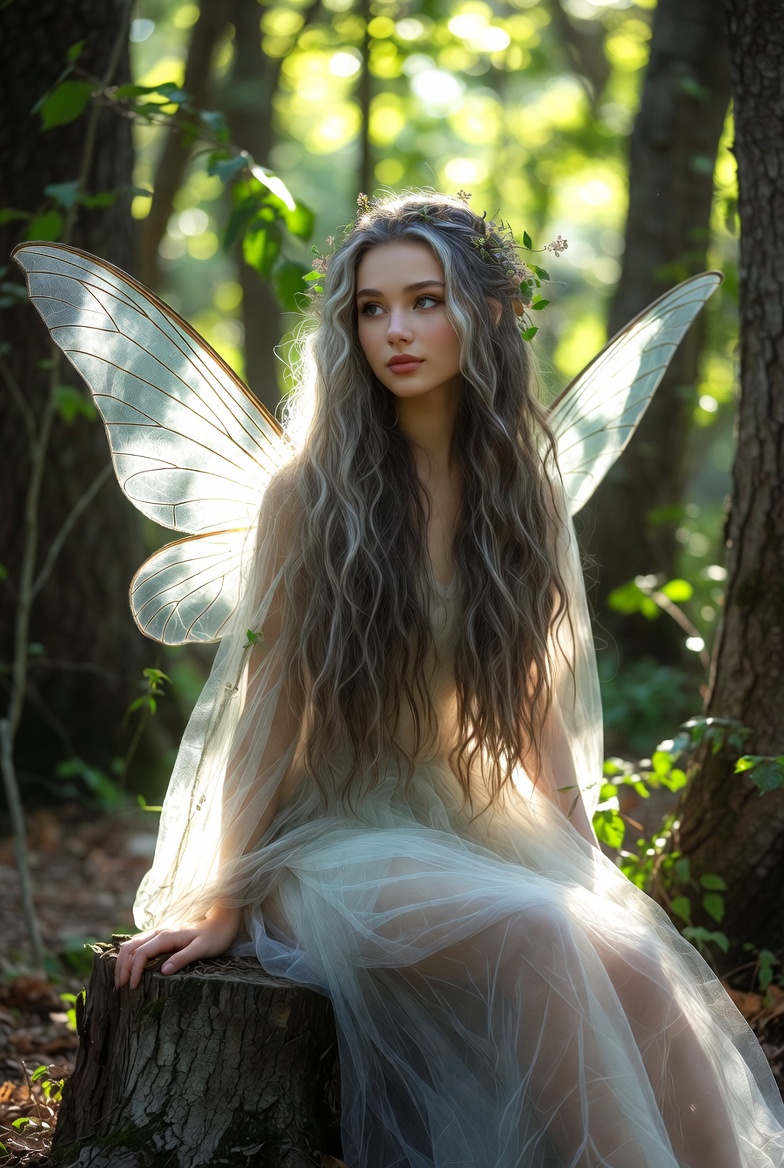 Enchanted fairy sitting on a log in a forest Enchanted fairy sitting on a log in a forest